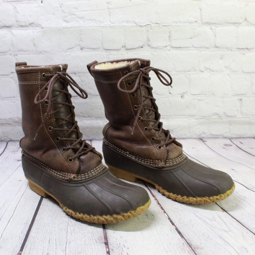 LL Bean 10" Shearling Lined Brown Leather Waterproof Duck Boots M 8 L 10 Narrow - Picture 3 of 9